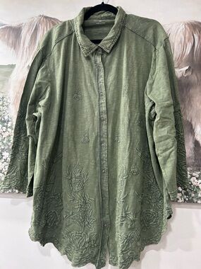 CAITE Green Embroidered Button Down Top
